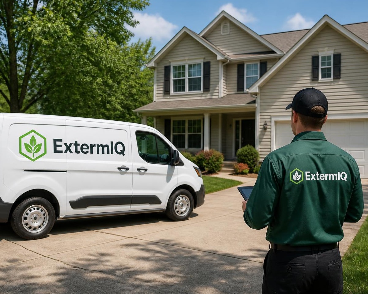 Pest control technician with a tablet beside an ExtermIQ service van